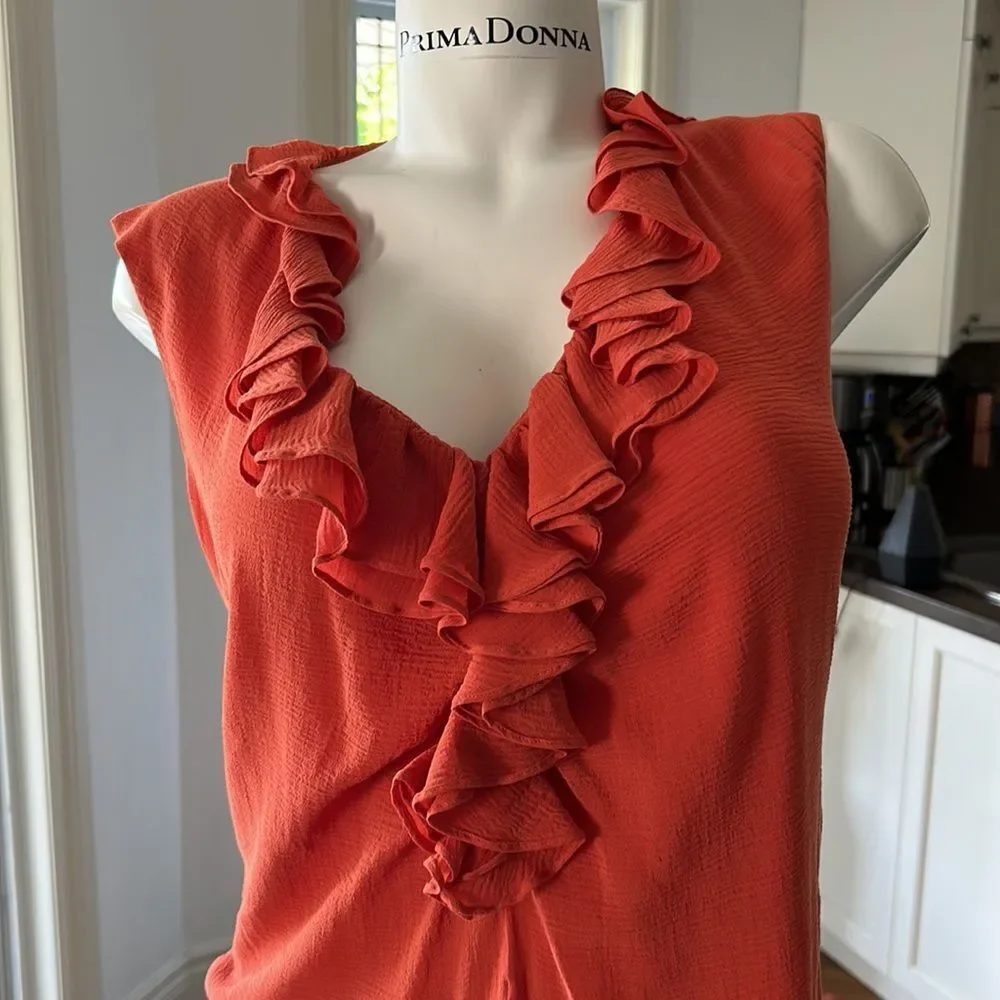 Etro orange v neck ruffle front side zip sleeveless top - Picture 3 of 11